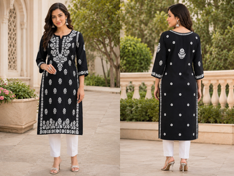 Very soft rayon-based kurti with elegant Lucknowi embroidery at front & back, giving it a graceful and timeless look. Pants are not included – this is kurti only. Slight variation in color and design is possible.
