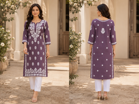 Very soft rayon-based kurti with elegant Lucknowi embroidery at front & back, giving it a graceful and timeless look. Pants are not included – this is kurti only. Slight variation in color and design is possible.