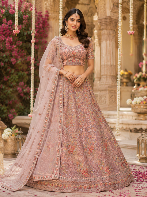 (video clip attached) Netting based embroidery work with heavy sequins and stone work Heavy Ken ken designer lehnga with heavy handwork blouse and netting dupatta(slight variation in color and design is possible)Unstitched Lehnga