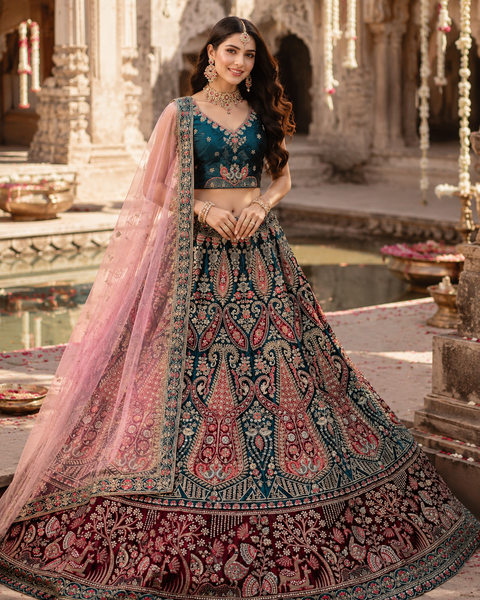 Peacock and Deer design Velvet based hand work with stones work embroidery work and original mirrors work design Heavy Ken ken Bridal designer lehnga with heavy handwork blouse and heavy work netting dupatta( video clip attached for reference )