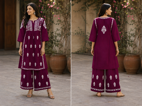 Very soft rayon-based kurti with elegant Lucknowi embroidery at front & back, giving it a graceful and timeless look. Pants are not included – this is kurti only. Slight variation in color and design is possible.