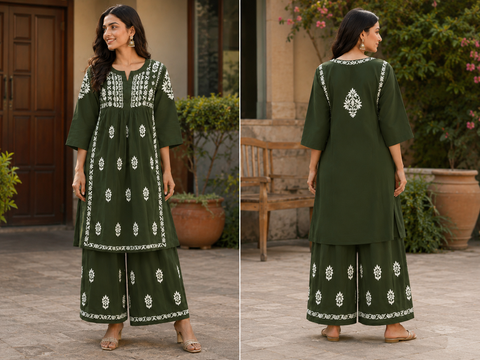 Very soft rayon-based kurti with elegant Lucknowi embroidery at front & back, giving it a graceful and timeless look. Pants are not included – this is kurti only. Slight variation in color and design is possible.