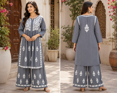 Very soft rayon-based kurti with elegant Lucknowi embroidery at front & back, giving it a graceful and timeless look. Pants are not included – this is kurti only. Slight variation in color and design is possible.