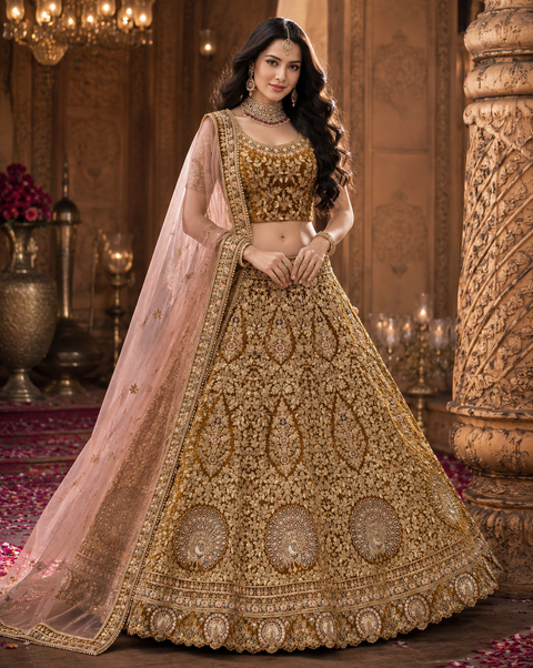 (Clip attached S-40(44))Brown colour velvet based beautiful peacock design embroidery work stones work heavy Designer Bridal Lehnga with tessels attached to blouse & Lehnga & heavy work lace beaded dupatta(slight variation in color and design is possible