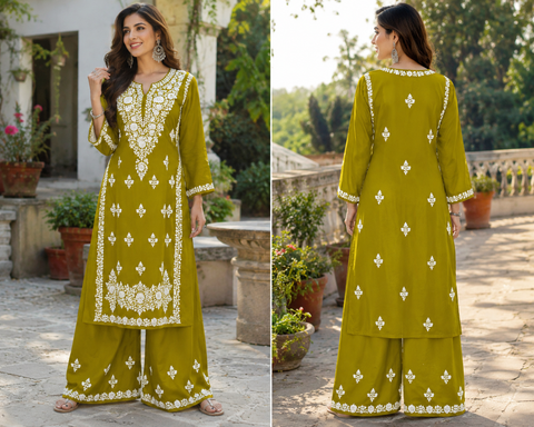 Very soft rayon-based kurti with elegant Lucknowi embroidery at front & back, giving it a graceful and timeless look. Pants are not included – this is kurti only. Slight variation in color and design is possible.