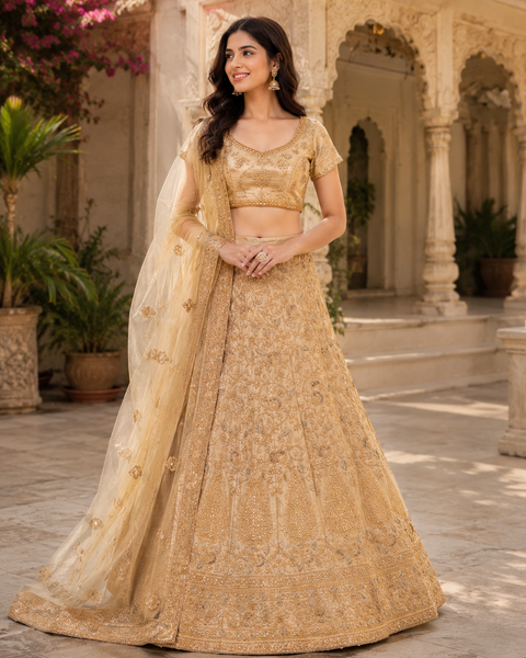 (42-44size)Silk based embroidery & pearl beaded work stitched Lehnga & blouse with netting dupatta 
(slight variation in color and design is possible)