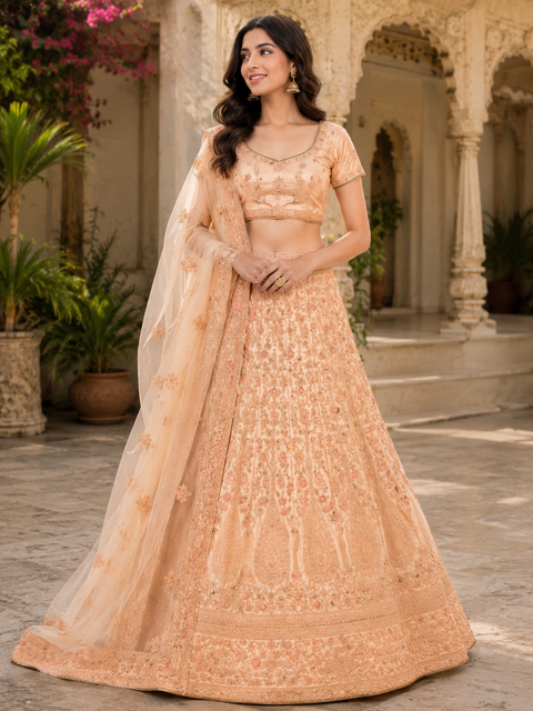 (42-44size)Silk based embroidery & pearl beaded work stitched Lehnga & blouse with netting dupatta 
(slight variation in color and design is possible)