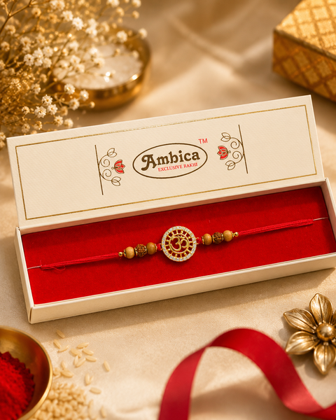 OM 🕉️ design Stylish designer Rakhi with pearl detailing, presented in a premium gift box