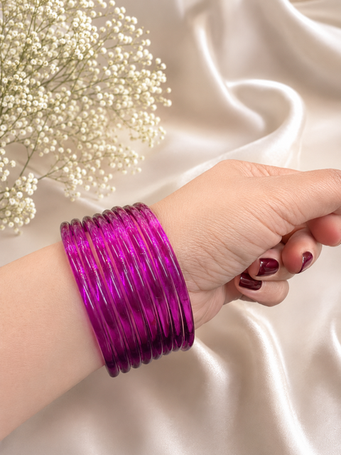 Magenta Purple color Ultra-trendy jelly bangles with glossy vibrant shades — the perfect statement stack to elevate your everyday and festive looks (slight variation in color and design is possible) Eight bangles per set (price per set)