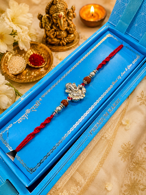 Ganapati Bappa silver look Beautiful Rakhi in nice pack gift box