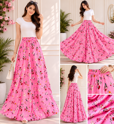 Pink colour beautiful floral print soft fabric multi flared skirts (Slight variations in color and design is possible)