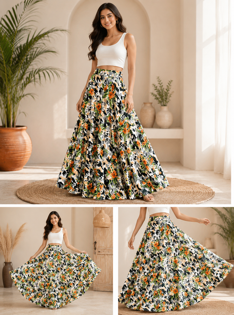 Multicoloured beautiful floral print soft fabric multi flared skirts (Slight variations in color and design is possible)