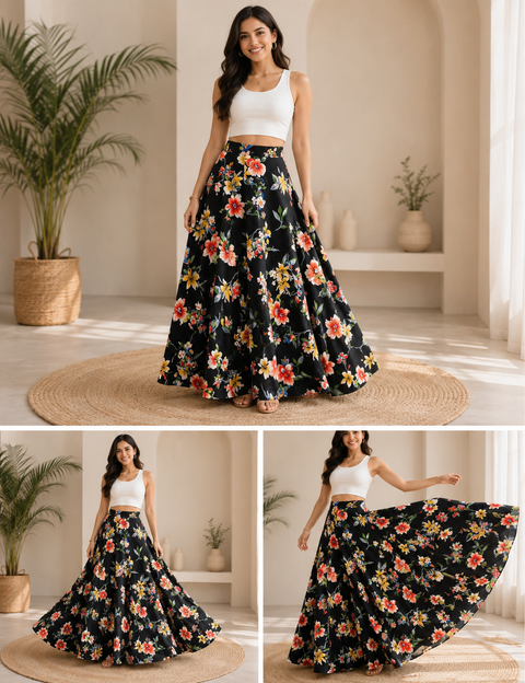 Multicoloured beautiful floral print soft fabric multi flared skirt (Slight variations in color and design is possible)