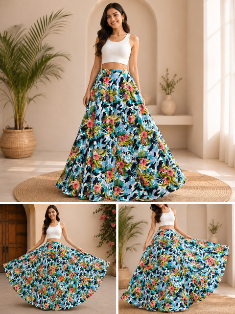 Multicoloured beautiful floral print soft fabric multi flared skirt (Slight variations in color and design is possible)