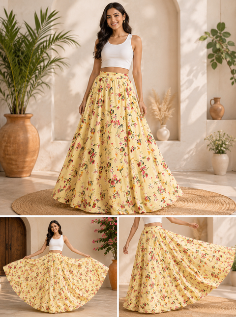 Beige colour  beautiful floral print soft fabric multi flared skirts (Slight variations in color and design is possible)