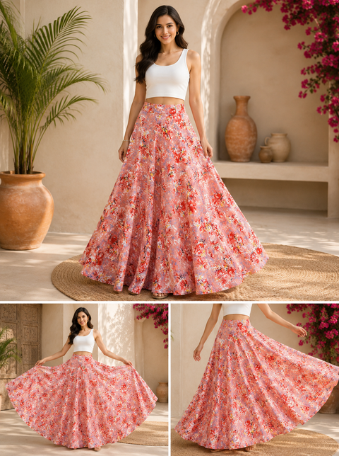 Pink  beautiful floral print soft fabric multi flared skirts (Slight variations in color and design is possible)