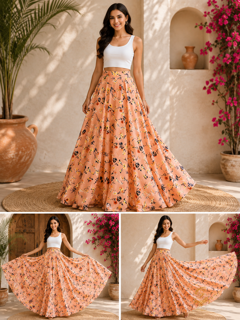 Peach beautiful floral print soft fabric multi flared skirts (Slight variations in color and design is possible)