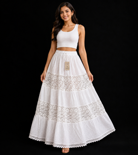 Embroidered Lucknow Chikankari White pure Cotton Skirt elastic waist (free size ) (Slight variations in color and design is possible)