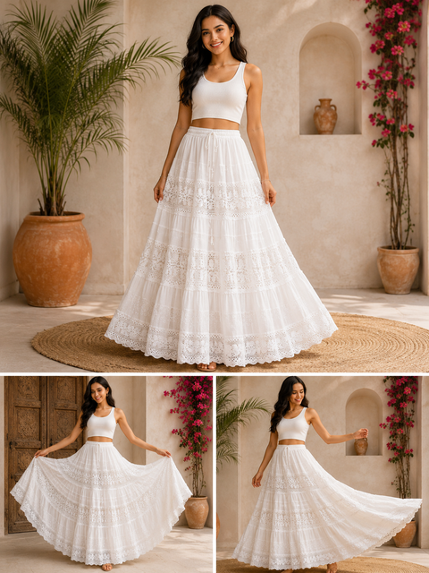 Embroidered Lucknow Chikankari White pure Cotton Skirt elastic waist (free size ) (Slight variations in color and design is possible)