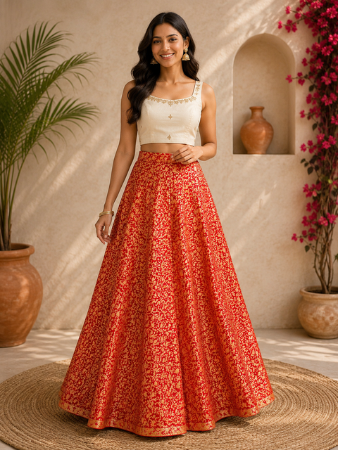 Red colour Brocade Silk based big flared skirt (can be styled with Poncho Blouse) Waist :- 37inch , Length:- 40(Slight variations in colour and design is possible)
