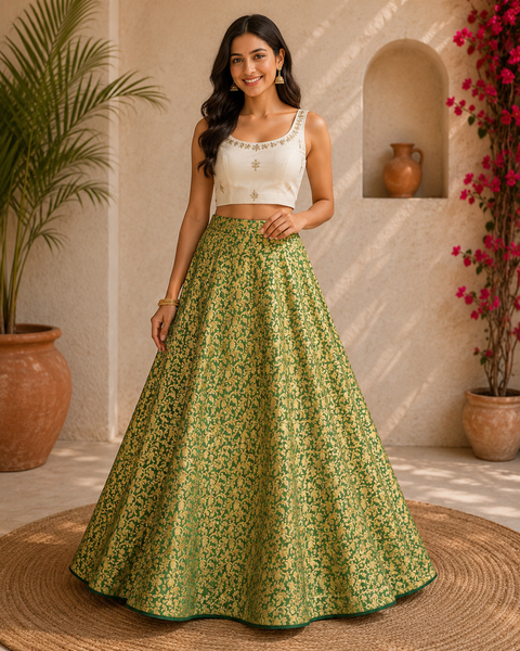 Green colour Brocade Silk based big flared skirt (can be styled with Poncho Blouse) Waist :- 37inch , Length:- 40 (Slight variations in colour and design is possible)