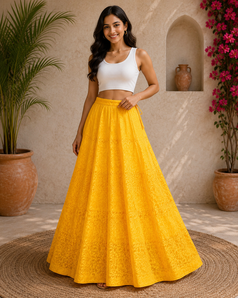 Mustard colour Brocade Silk based big flared skirt (can be styled with Poncho Blouse) Waist :- 37inch , Length:- 40 (Slight variations in colour and design is possible)