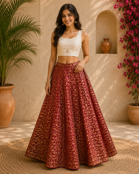 Maroon colour Brocade Silk based big flared skirt (can be styled with Poncho Blouse) Waist :- 37inch , Length:- 40 (Slight variations in colour and design is possible)