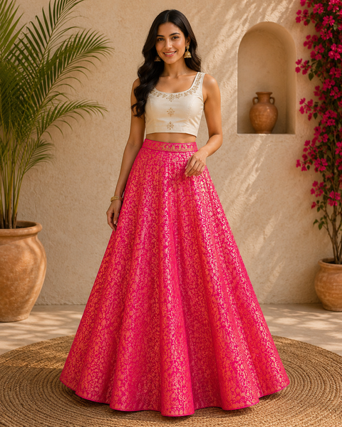Hot Pink colour Brocade Silk based big flared skirt (can be styled with Poncho Blouse) Waist :- 37inch , Length:- 40 (Slight variations in colour and design is possible)