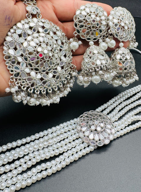White Pearls With Original Mirror Work Choker Set With Jhumka & Tikka