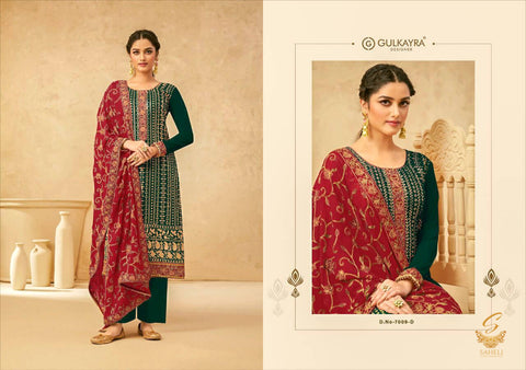 Size 42 (upto 44) Fully stitched Deep Green Colour georgette based all over embroidery work with sequined Kameez with dull santoon Plazo pent And heavy embroidery work maroon colour