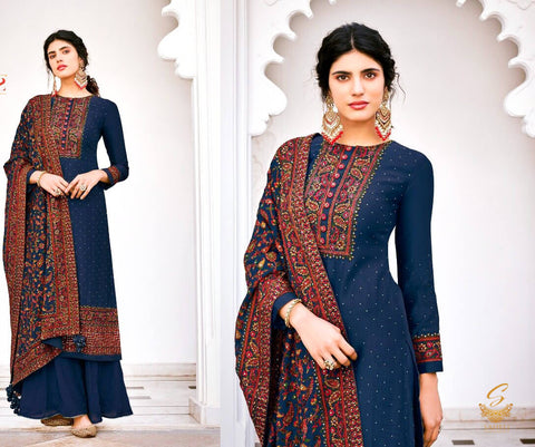 Size 42(Upto 44) Fully Stitched Blue Colour silk  Based All Over Embroidery Work Kameez And Plazo With pure chiffon Based Heavy embroidery jaal Work Dupatta