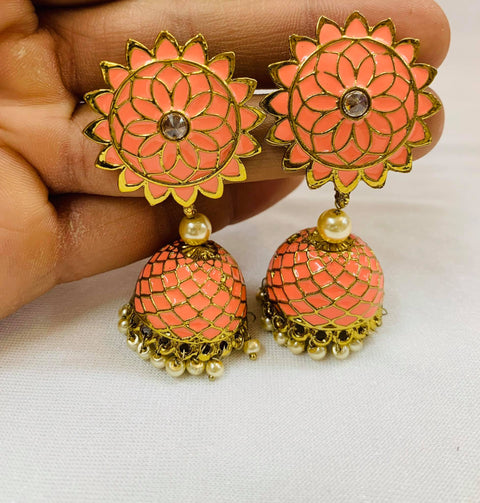 Peach Meenakari and Polki stone jhumka