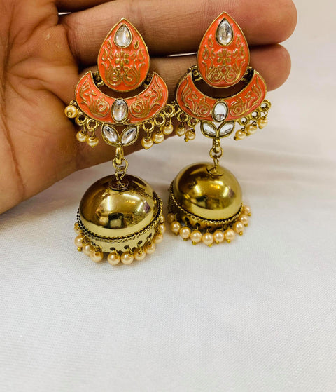 peach Meenakari and Polki stone jhumka