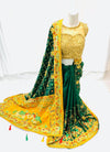 Latest combination of dark green and mustard with heavy embriodered and contrast blouse saree