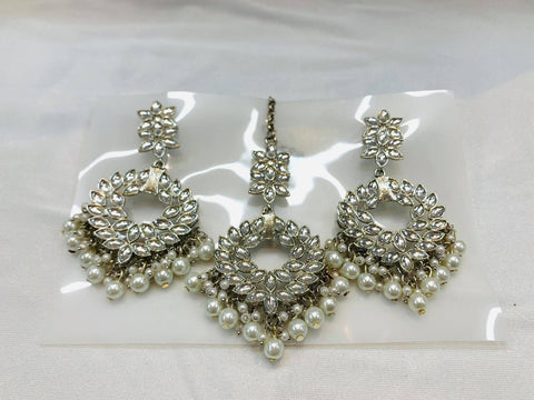 Silver stone and pearls earring & tikka set