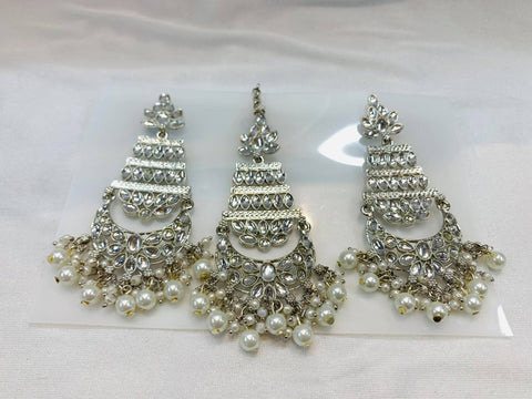 Silver stone and pearls earring & tikka set