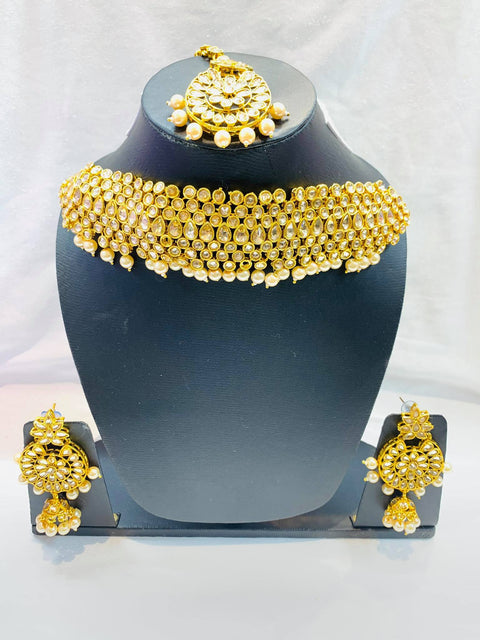 Golden  Pearls and stone chokar necklace set