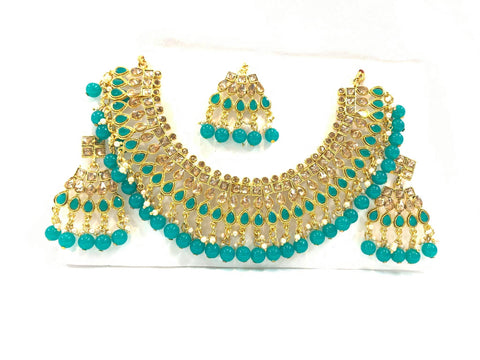 green pearls and golden stone necklace set