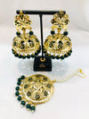 Jadau traditional punjabi jhumka & tika set with dark green pearls