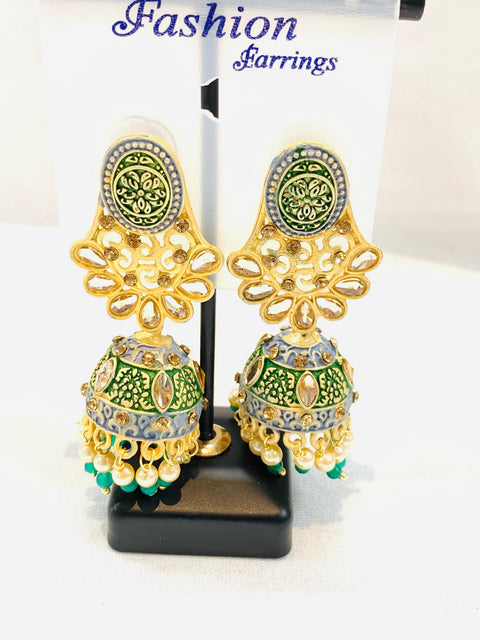 Green colour meenakari work with kundan stone beautiful jhumka