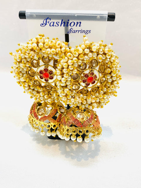 Polki & red stone with pearls designer jhumka set
