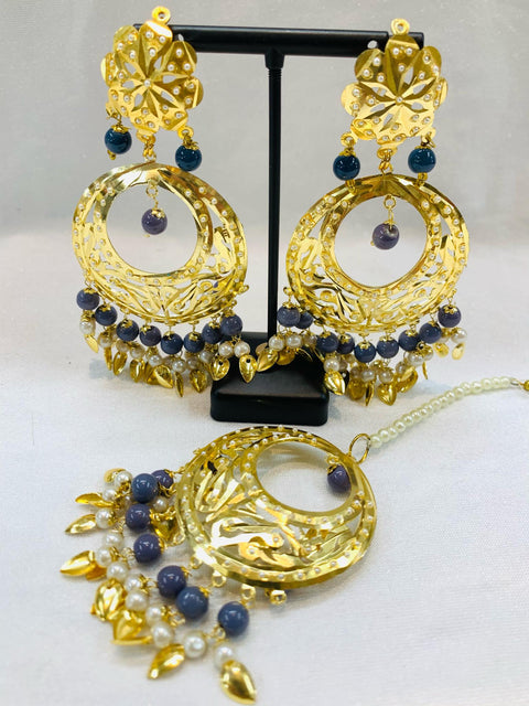 Jadau Traditional Punjabi Earring & Tika Set With grey  Pearls
