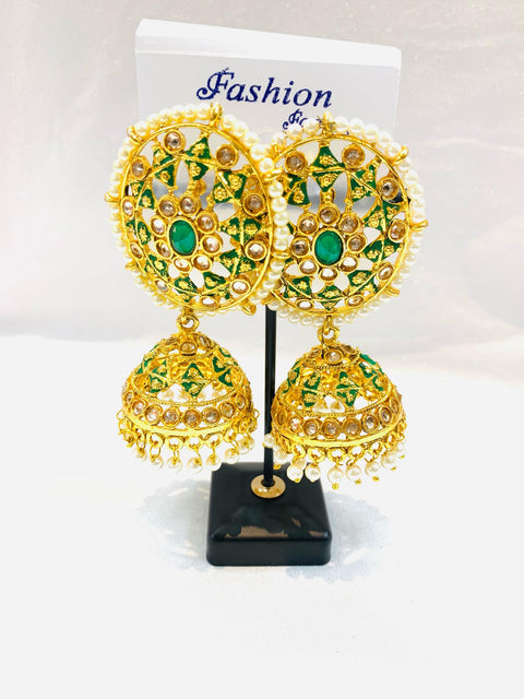 Polki with meenakari work & green stone with pearls designer jhumka set