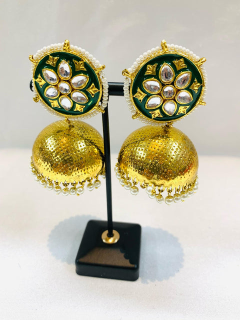 Green colour meenakari work with kundan stone beautiful jhumka