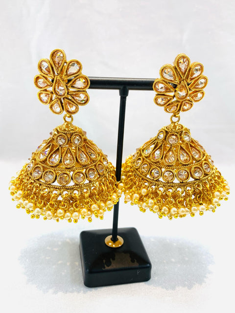 Large Size Gold Plated Real Polki Stone Jhumka Set