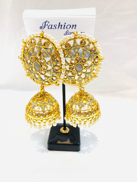 Polki with meenakari work & grey stone with pearls designer jhumka set