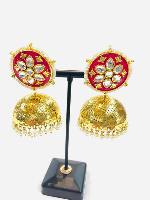 pink colour meenakari work with kundan stone beautiful jhumka