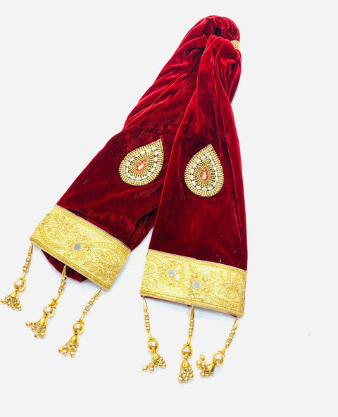 Indian groom wedding stall on velvet fabric with hand work