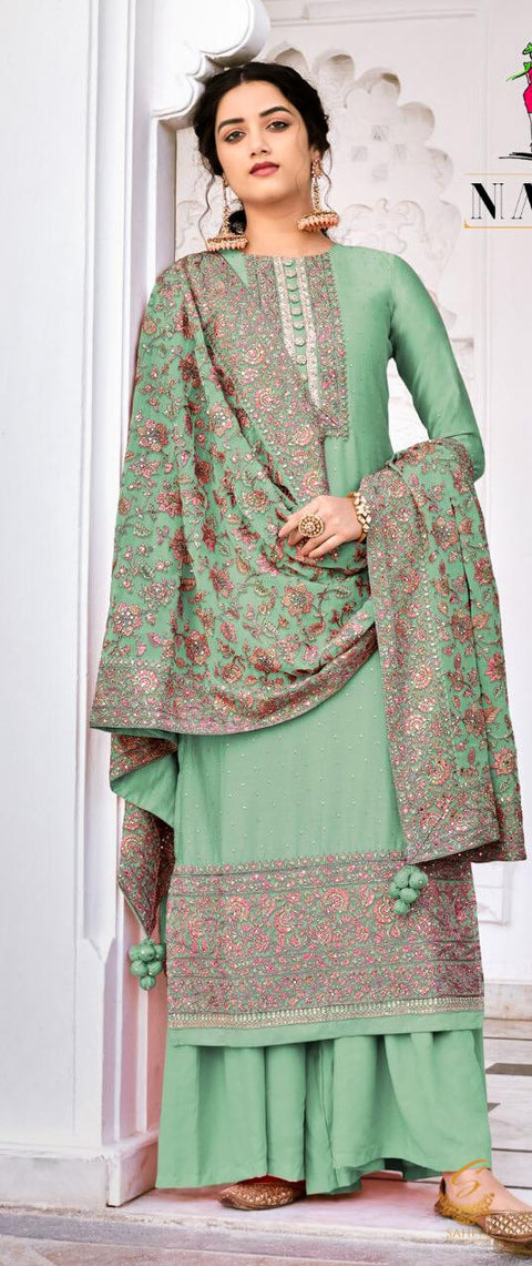 Size 42(Upto 44) Fully Stitched Mint green Colour silk  Based All Over Embroidery Work Kameez And Plazo With pure chiffon Based Heavy embroidery jaal Work Dupatta