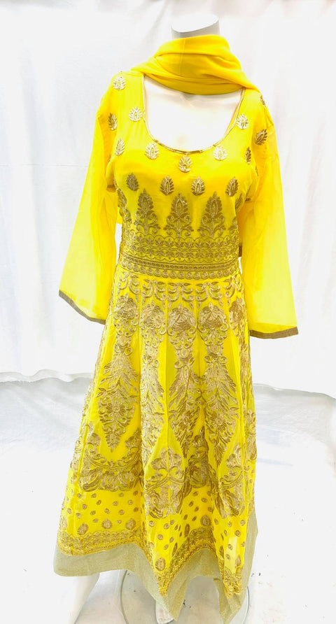 yellow georgette heavy embroidered suit size 46 (upto 48)